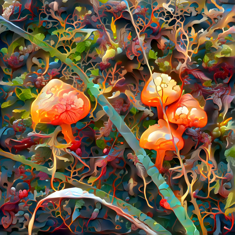 Mushrooms growing on a mossy log