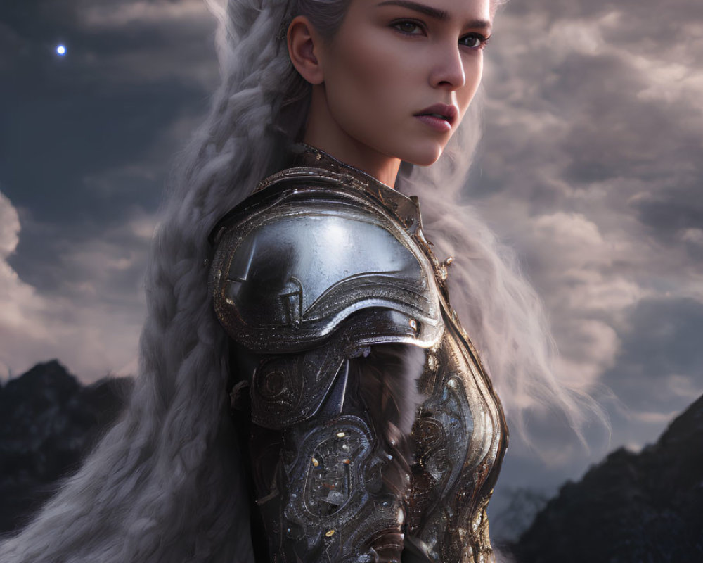 Fantasy warrior woman with white hair in metallic armor against cloudy sky