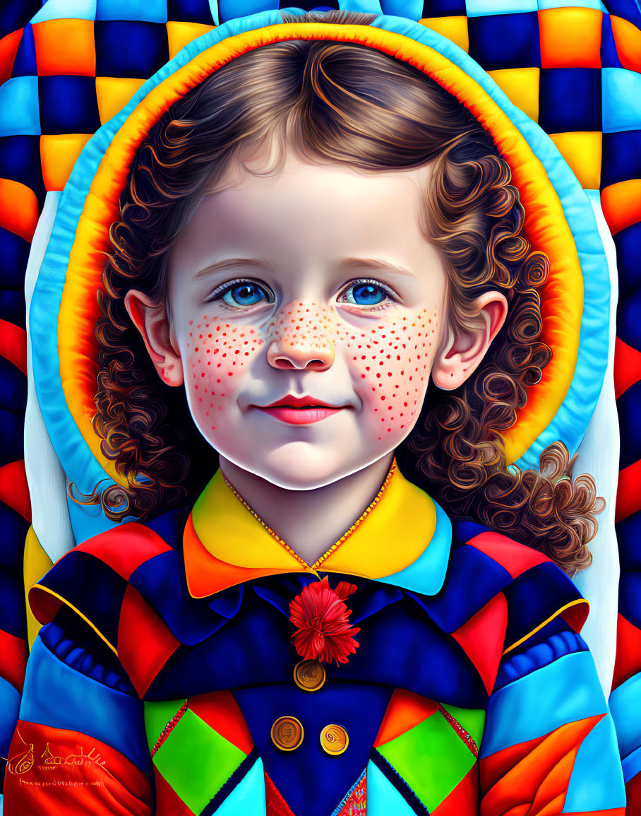 Colorful portrait of a young girl with curly hair, freckles, and blue eyes in mult