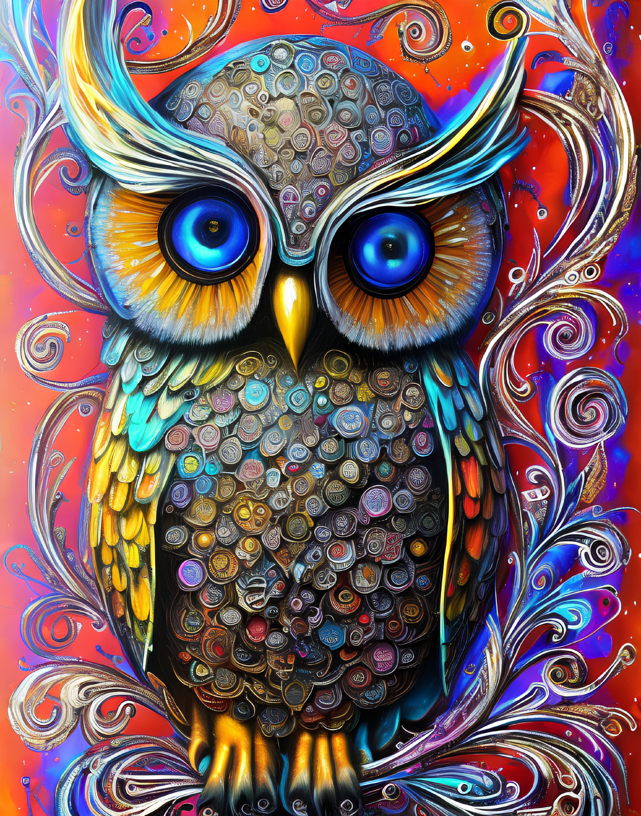 Colorful Stylized Owl Artwork with Blue Eyes and Abstract Background