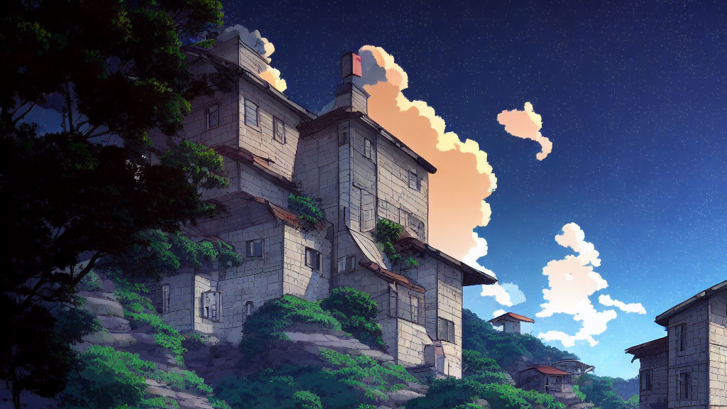 Traditional Stone Houses on Hillside Amid Lush Foliage at Dusk