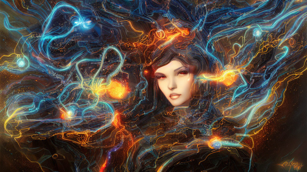 Surreal portrait of woman in blue and orange energy swirls