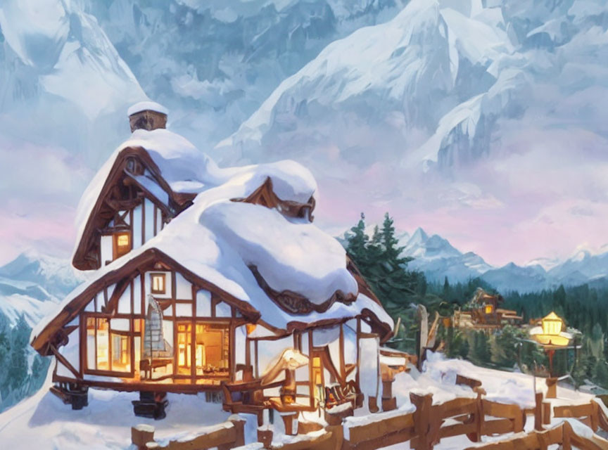 Snowy Mountain Chalet with Glowing Windows in Twilight