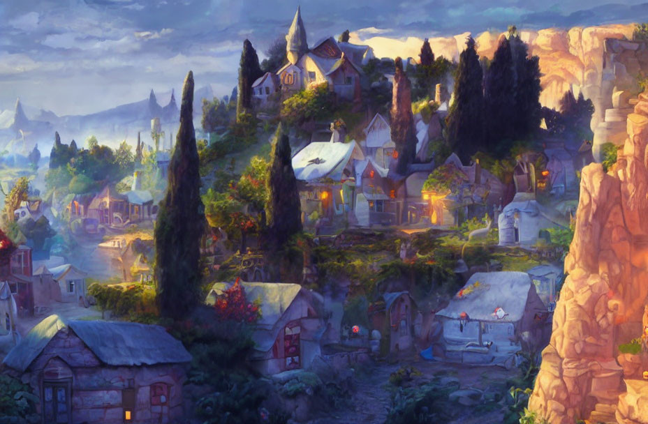 Picturesque village with cozy houses in lush greenery at sunset