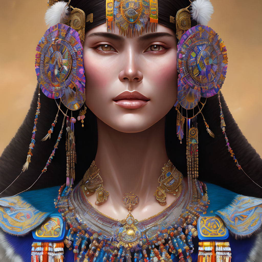 Detailed digital artwork: Woman in ornate headdress, intricate jewelry, blue and gold garment on beige