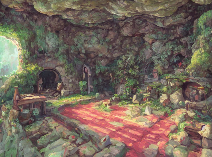 Spacious cavern with red brick floor, vegetation, rocks, arched doorway, window, and rustic