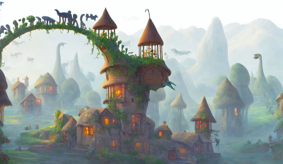 Illustration of Fairytale Village with Treehouse & Mushroom Houses