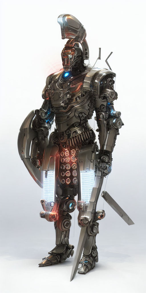 Futuristic humanoid robot with glowing blue elements and metallic armor