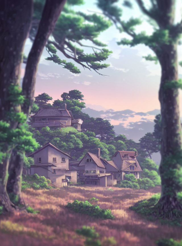 Rural landscape illustration at dusk with traditional houses and tall trees