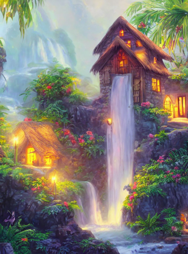 Cozy Thatched Cottages Amid Waterfall and Greenery