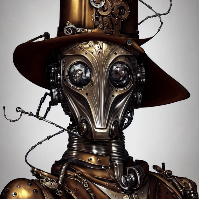 Steampunk-style robotic figure with metal plated face and top hat.