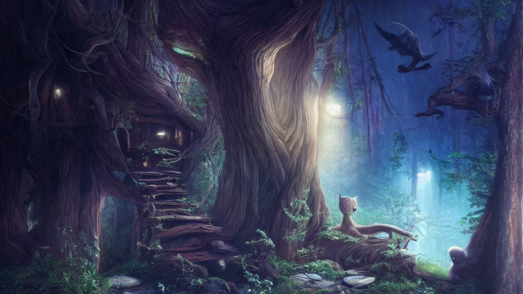 Ethereal forest scene with ancient trees, wooden staircase, and flying raven