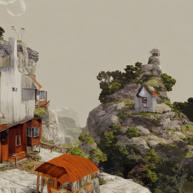 Serene mountain landscape with unique rock formations and cliff-side houses