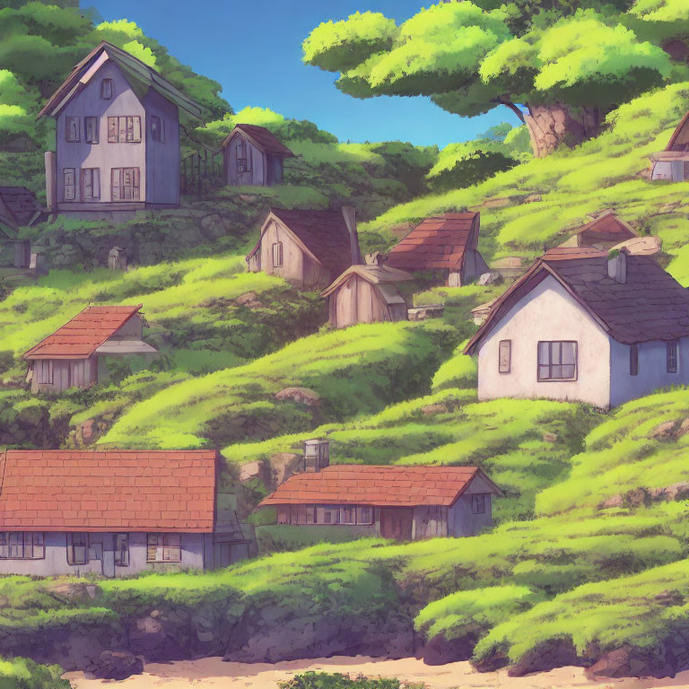 Rustic village illustration with quaint houses on green hills