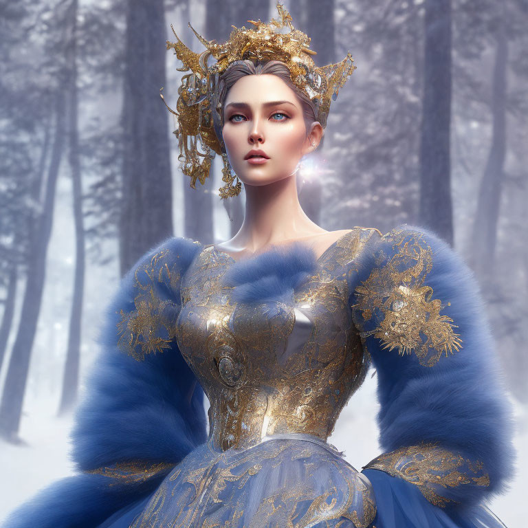 Regal queen in golden crown and dress in snowy forest.