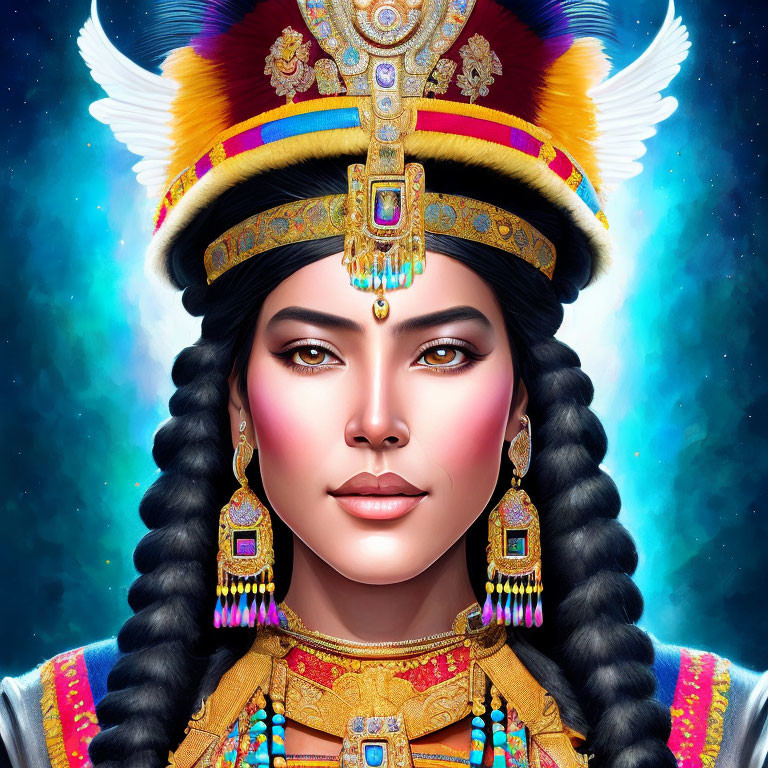 Detailed Illustration of Woman in Elaborate Headdress and Regal Attire