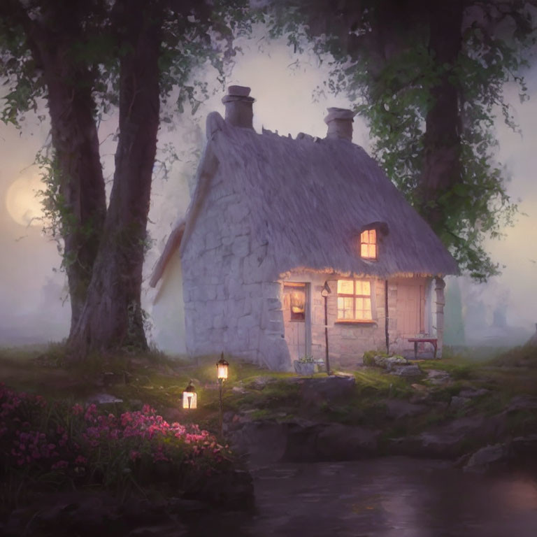 Stone cottage with thatched roof by tranquil stream at twilight surrounded by trees and blooming flowers.