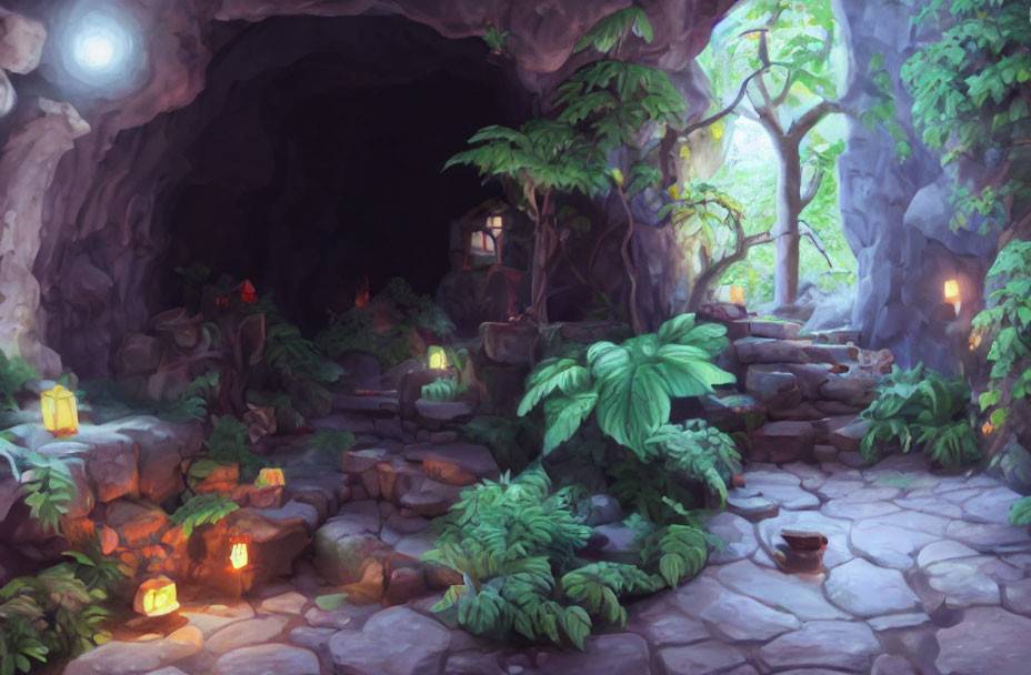 Mystical cave entrance with ambient candles and lush vegetation