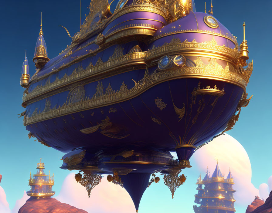 Golden ornate airship against blue sky and clouds