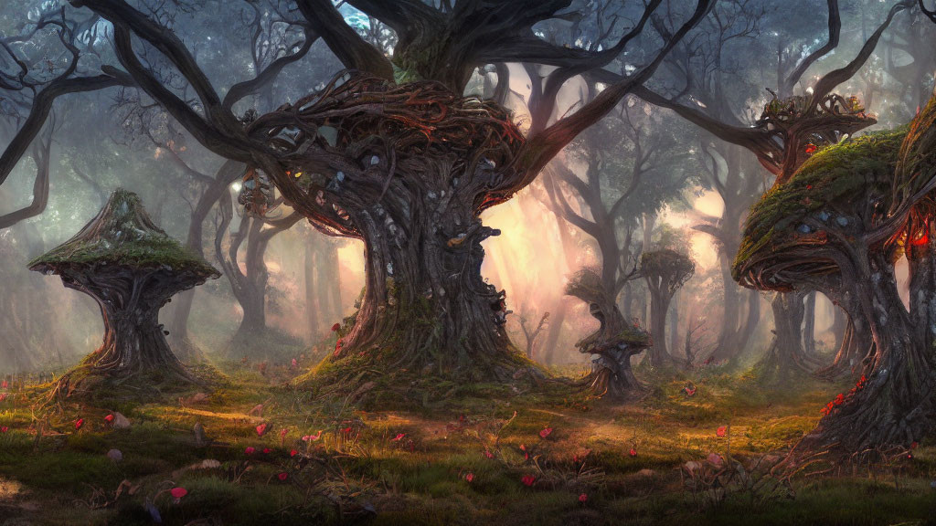 Mystical forest with anthropomorphic trees and colorful mushrooms