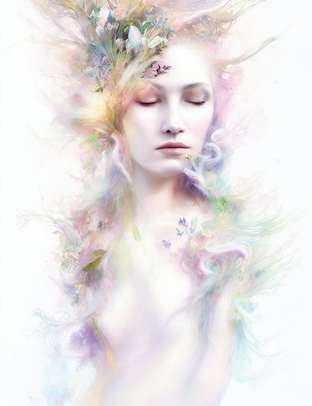 Ethereal portrait of a person with closed eyes and floral elements in soft colors