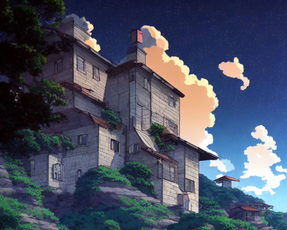 Traditional Stone Houses on Hillside Amid Lush Foliage at Dusk