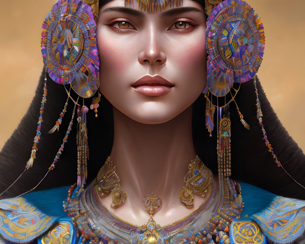 Detailed digital artwork: Woman in ornate headdress, intricate jewelry, blue and gold garment on beige