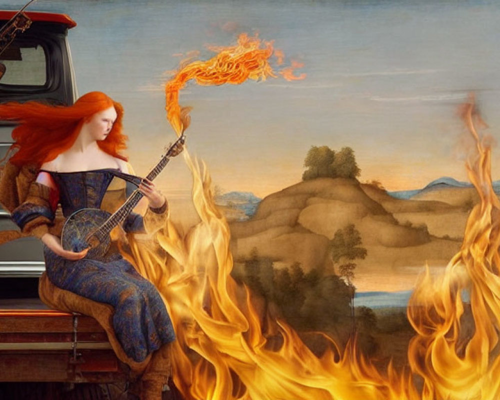 Surreal painting of red-haired woman playing lute with flames in classic landscape