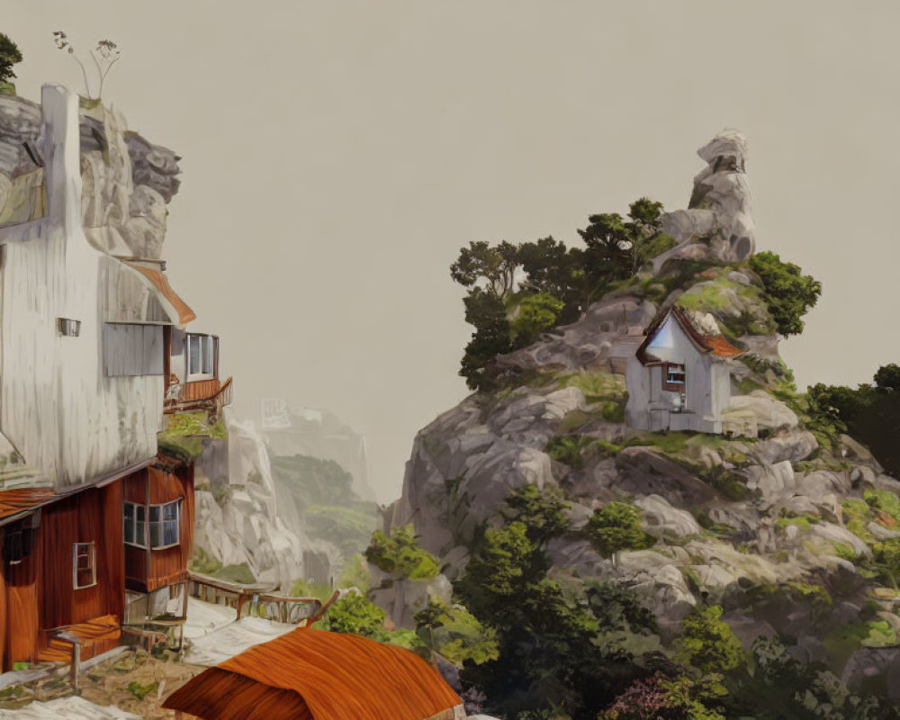 Serene mountain landscape with unique rock formations and cliff-side houses