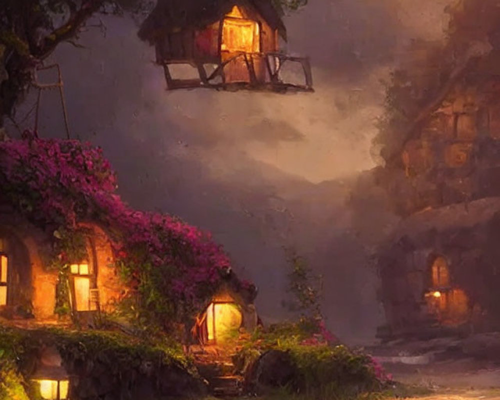 Tranquil riverside scene at dusk with illuminated treehouse and ivy-covered cottage