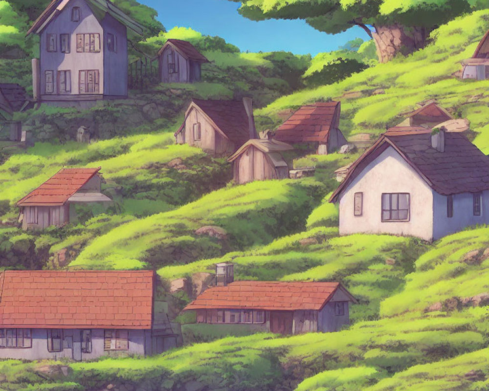 Rustic village illustration with quaint houses on green hills