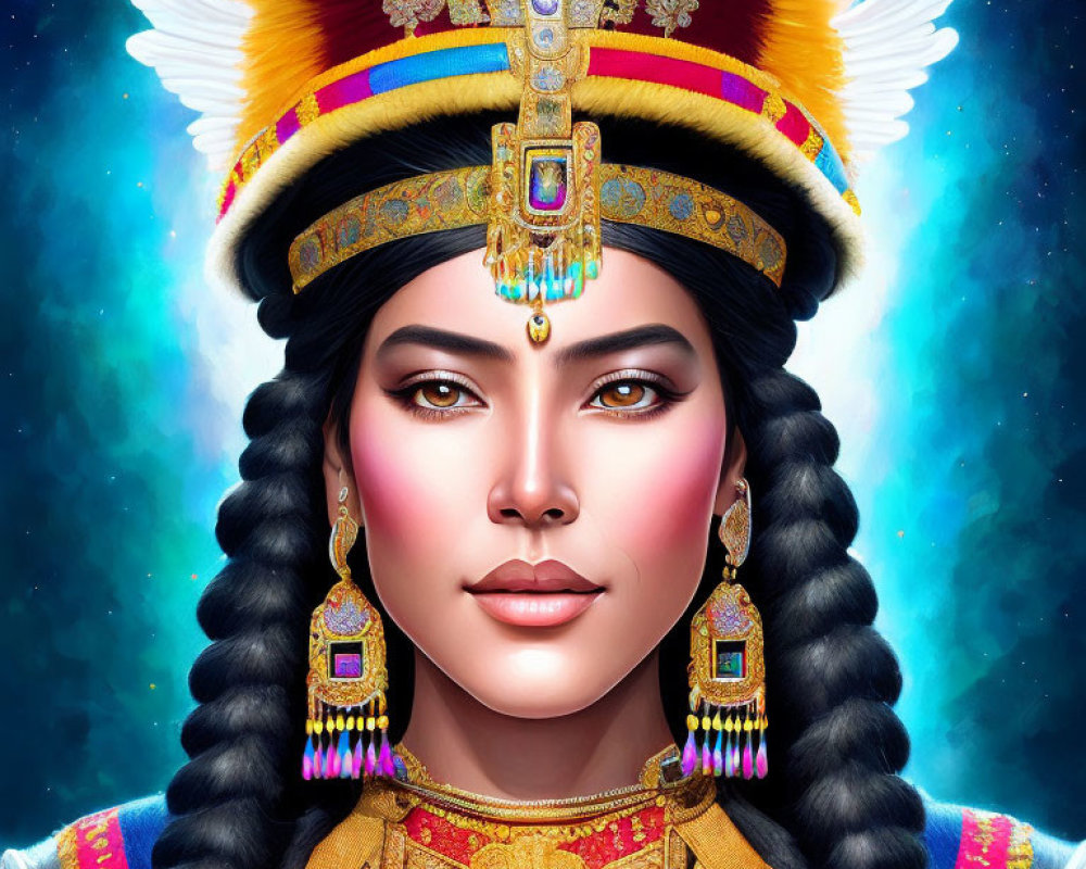 Detailed Illustration of Woman in Elaborate Headdress and Regal Attire