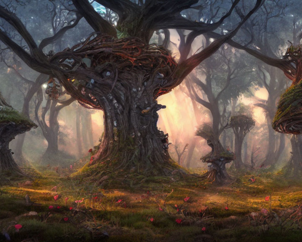 Mystical forest with anthropomorphic trees and colorful mushrooms