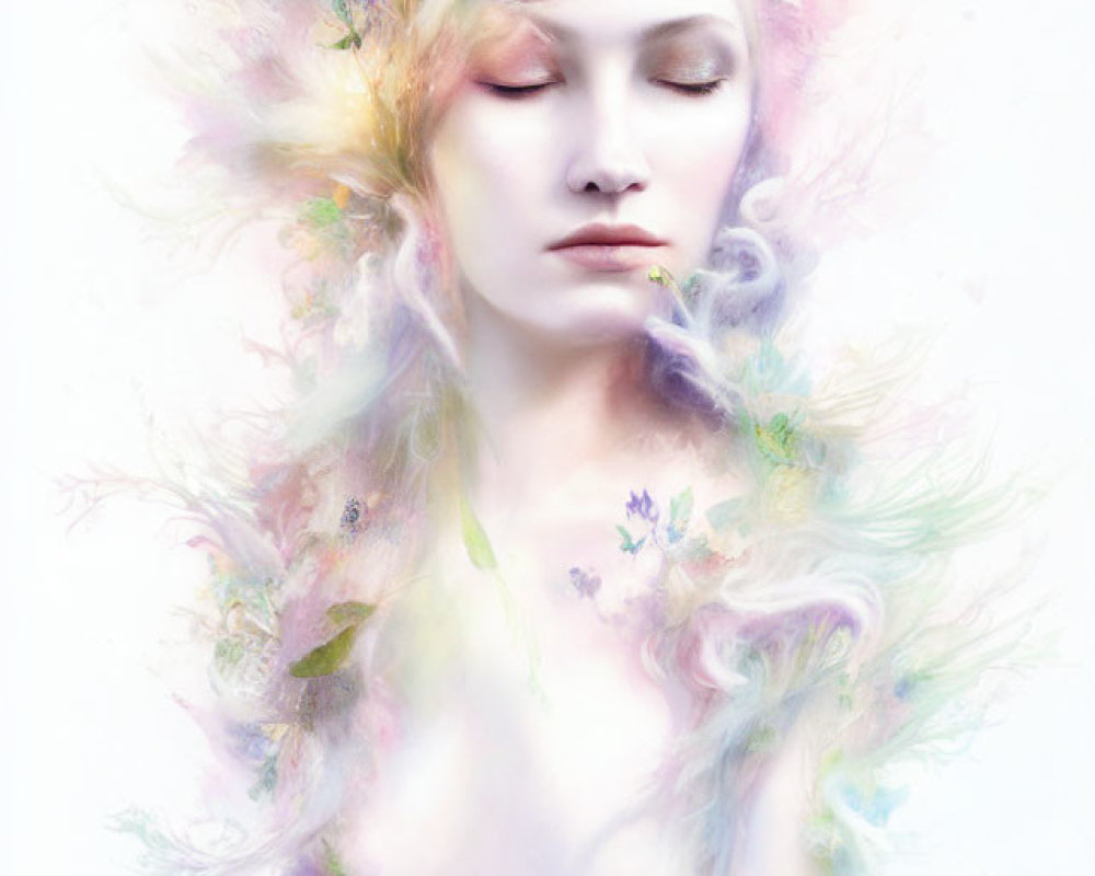 Ethereal portrait of a person with closed eyes and floral elements in soft colors