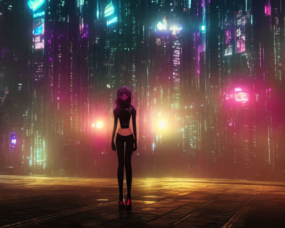 Futuristic night cityscape with female anime character