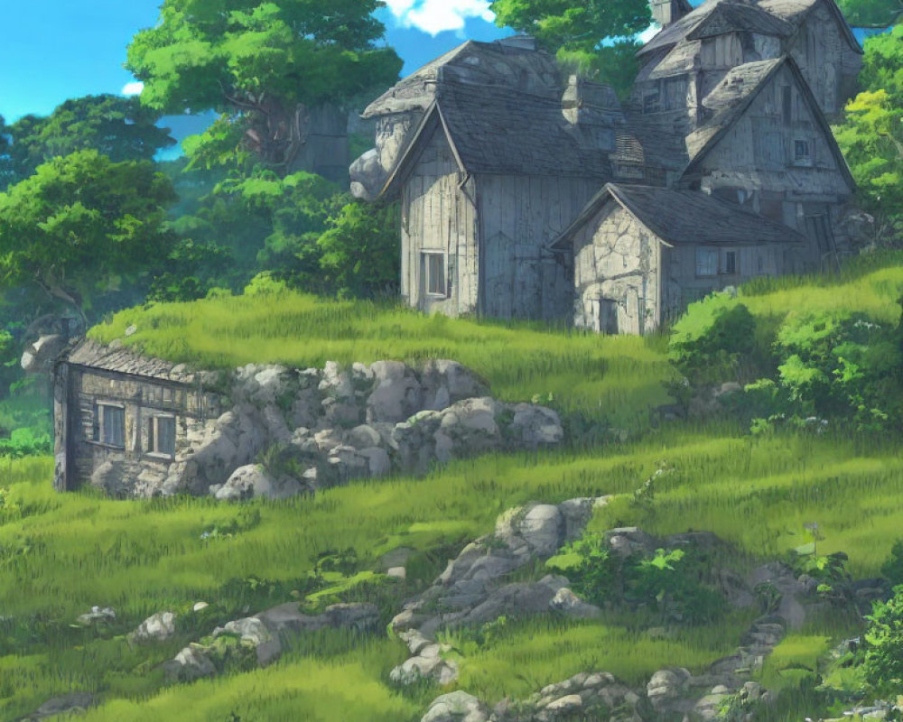 Weathered wooden houses on grassy hill with rocks and trees under clear sky