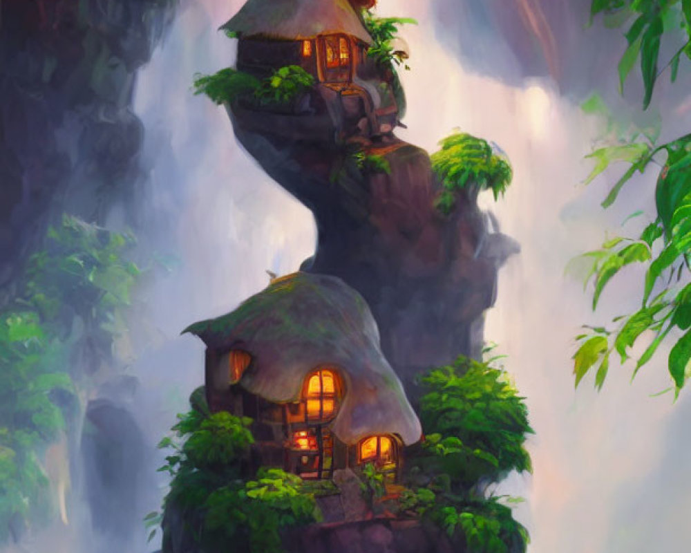 Illustration of Fairytale Cottage on Rocky Pinnacle Amidst Waterfalls