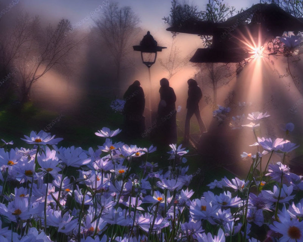 Tranquil scene of people near blooming white flowers and lamppost