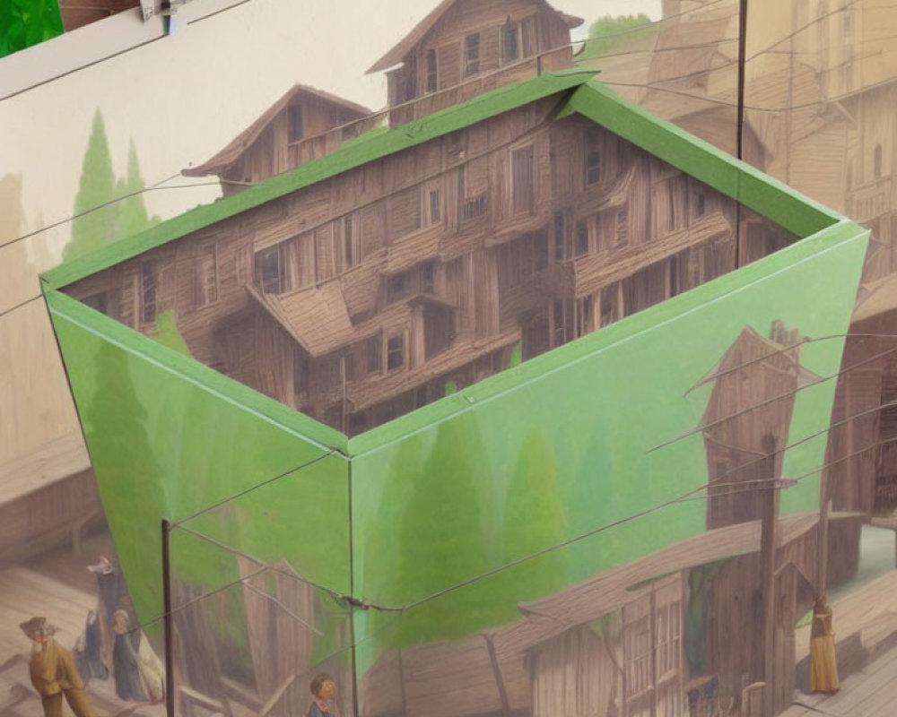 Painted wooden house optical illusion on building corner with spectators viewing.