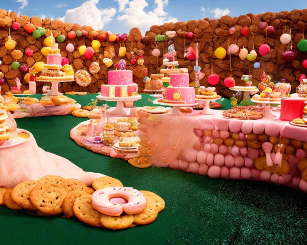 Fantastical landscape of sweets: cookie pathways, candy walls, cakes, and sugary green ground