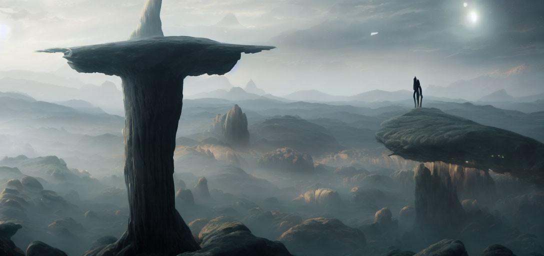 Solitary figure on floating rock plateau in misty alien landscape