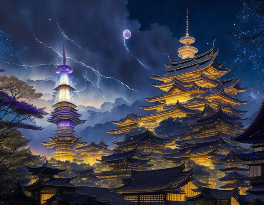 Traditional Japanese pagoda complex under night sky with lightning and full moon