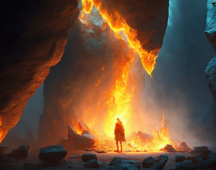 Person at Cave Entrance with Molten Lava Cascade