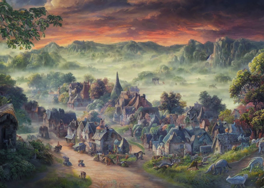 Fantastical dusk landscape with village houses and mythical creatures