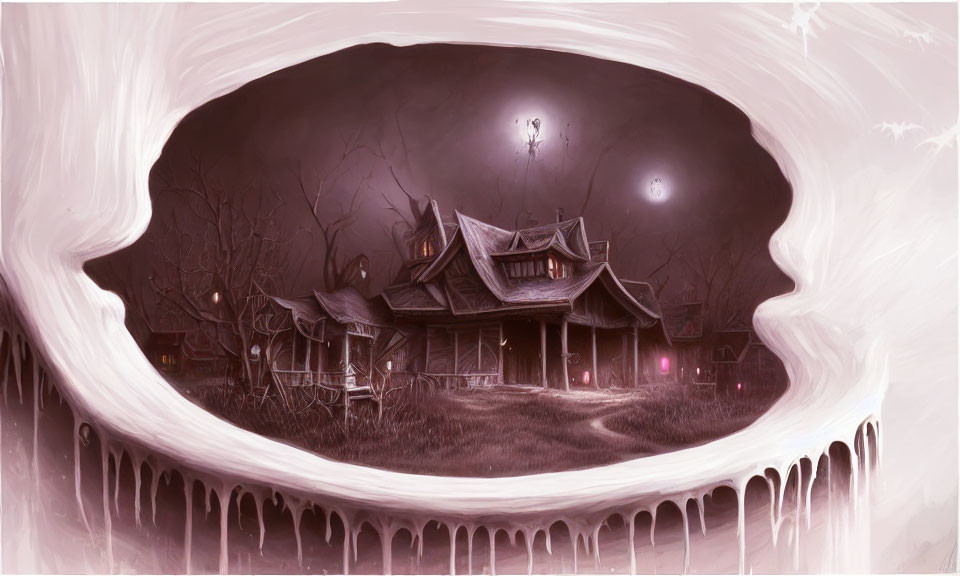 Monochromatic fantasy art: Ancient house in giant skull under dark sky