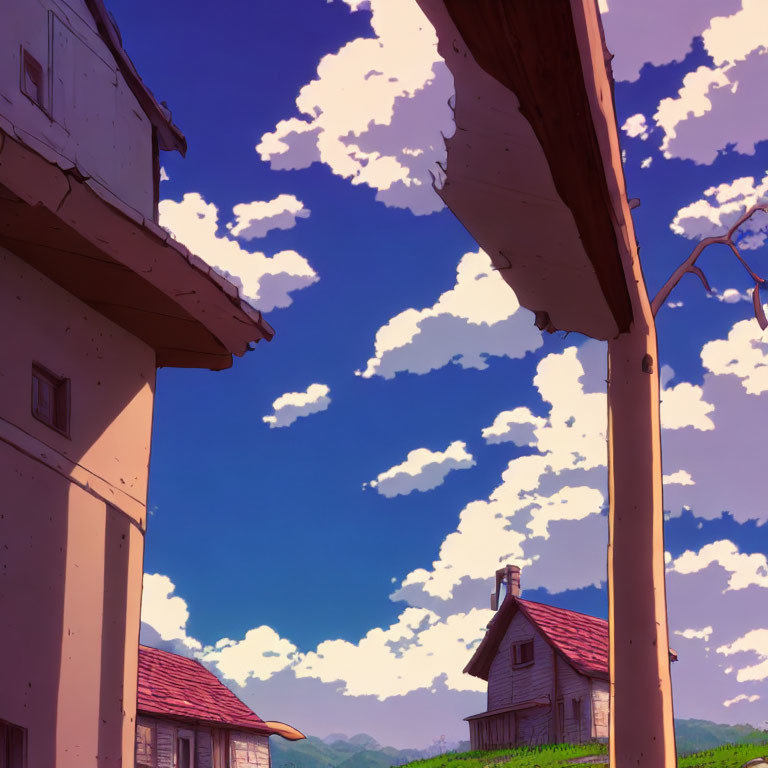 Tranquil anime scenery: clear blue sky, fluffy clouds, sunlit buildings.