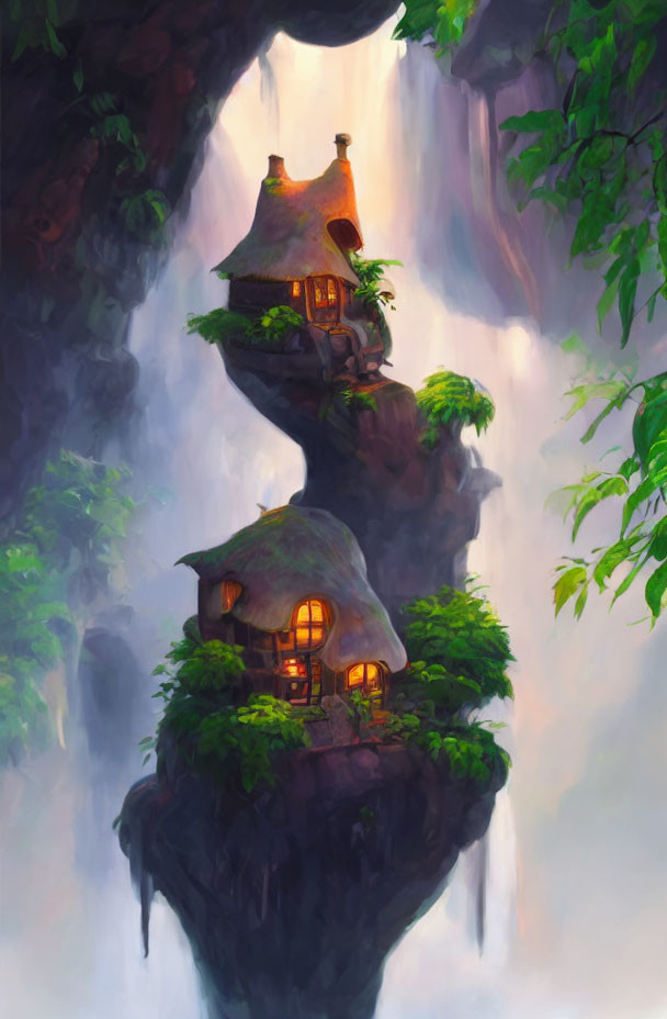 Illustration of Fairytale Cottage on Rocky Pinnacle Amidst Waterfalls