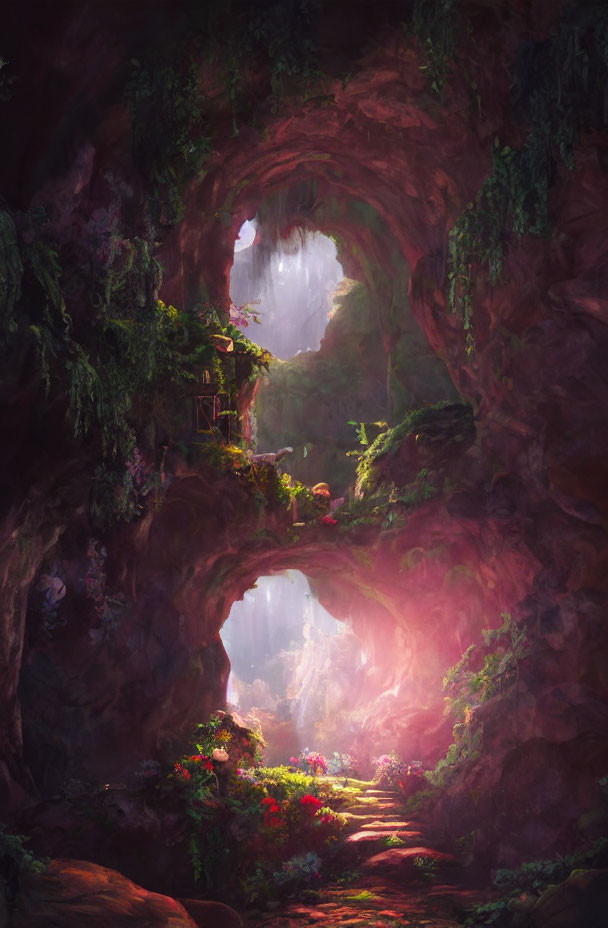 Lush foliage and vibrant flowers in illuminated subterranean cave