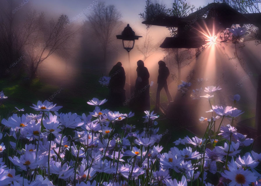 Tranquil scene of people near blooming white flowers and lamppost