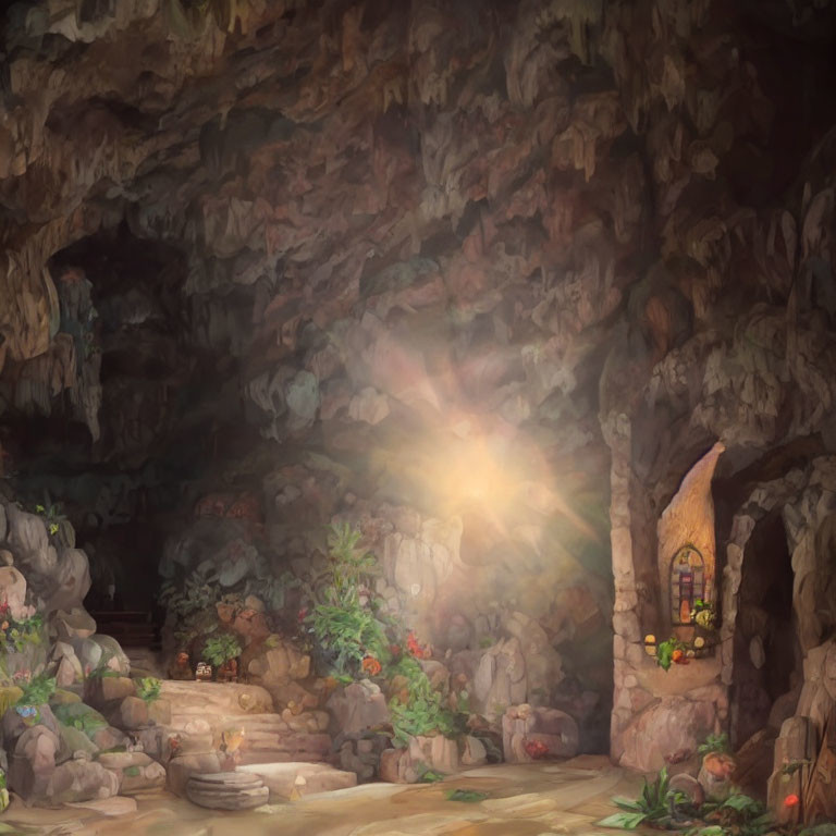 Sunlit Cave with Cozy Nook, Door, Window, and Plants